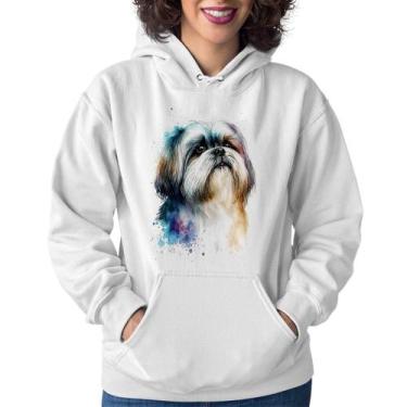 Imagem de Moletom Feminino Cachorro Shih Tzu Watercolor - Foca na Moda, Branco, 