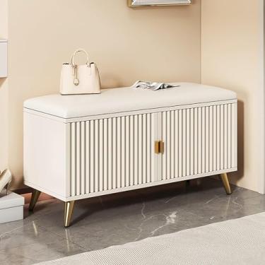 Imagem de Banco de sapateira com porta, organizador de sapatos com assento, moderno armário de sapatos oculto fino com portas, para saltos altos, entradas, corredores, armários, ouro branco, 120 x 50 x 30 cm