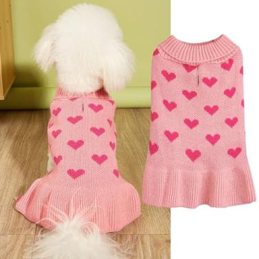 Imagem de Yaopelky Suéter de cachorro pequeno com estampa de coração, suéter de cachorro de malha de gola rolê, roupas quentes para cães pequenos e gatos (rosa, grande)