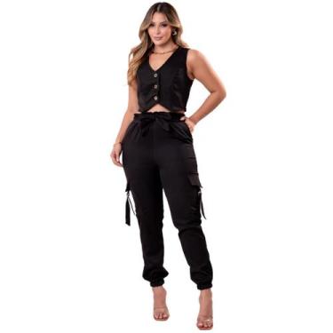 Imagem de Conjunto Alfaiataria Feminino Moderno Blusa Fecho de Botão e Calça Bol