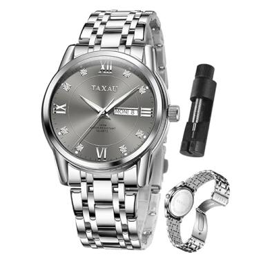 Imagem de Taxau Relógio masculino de aço inoxidável com cronógrafo de diamantes de luxo com data Business reloj de hombre, D3 Face cinza + pulseira de ouro prata, standard, Vestido
