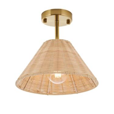 Imagem de GAJUENU Luminária De Teto Semi-Embutida Boho Gold, Luminária De Teto De Vime Estilo Fazenda Com Cúpula De Gaiola Natural Tecida À Mão, Minilustre Moderno, Luzes Retrô Rústicas Para Quarto, Corredor,
