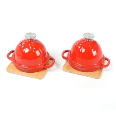 Imagem de HAWOK Torrador de alho de ferro fundido esmaltado com bandeja de bambu, 12 cm, assadeira de alho para churrasco, mini cocotte, conjunto de 2, vermelho