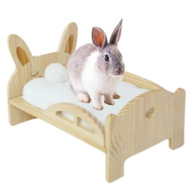 Imagem de Cama grande de madeira para coelhos: cama para animais de estimação de 33,8 x 21,8 cm, fácil de montar, com estrutura de suporte e almofada removível para coelhos, porquinhos-da-índia, gatinhos e