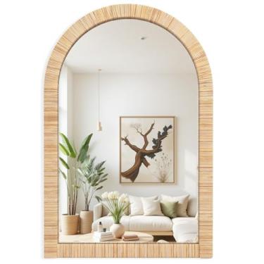 Imagem de iyabat Espelho arqueado de 61 x 91 cm para parede, espelho de banheiro boêmio, espelhos de fazenda, espelho decorativo irragular, espelho redondo arqueado para banheiro, adequado para, quarto, sala de