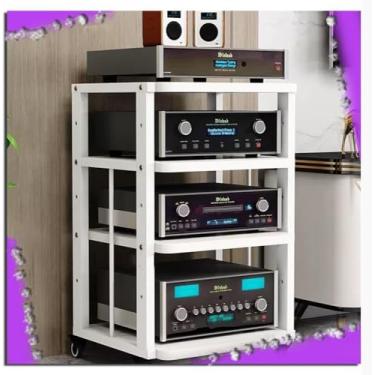 Imagem de Prateleira de armazenamento de áudio/vídeo, suporte de mídia com roda de freio, torre de áudio, prateleiras ajustáveis, armário de componentes de áudio de canto para componentes de entretenimento,