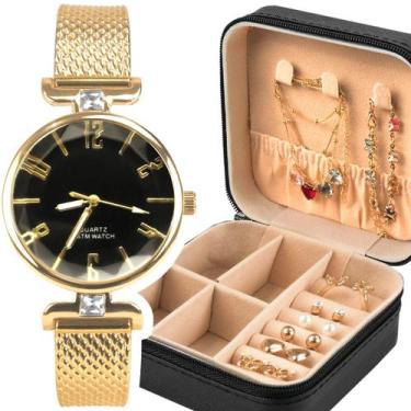 Imagem de relogio feminino banhado dourado + porta joia + colar + pulseira socia