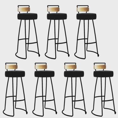 Imagem de Kit 07 Banqueta Alta Alice Bar Balcão Cozinha Com Encosto Madeira Ferro Preto Suede Preto - Ahz Móveis