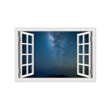 Imagem de Vista da Janela Paisagem Pintura em Tela-Céu estrelado azul-Impressão Lona Arte Parede Natural-Decoração Sala Estar 70x105cm Sem Moldura