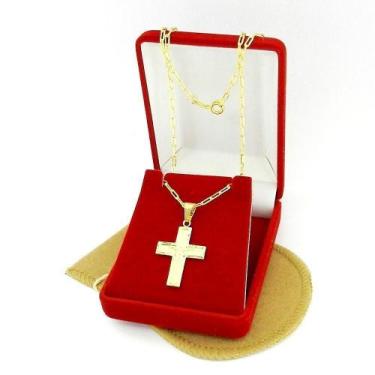 Imagem de Corrente Masculina 80Cm 2Mm Cruz 30Mm Folheada Ouro Cr1597 - Wnbijoute