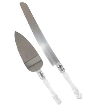 Imagem de Kit para Bolo com 2 Peças, Faca e Espátula em Aço Inox, Cabo em Acrílico Transparente, Festa, Casamento, Sobremesa, Servir