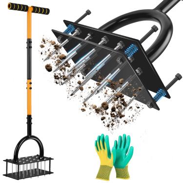 Imagem de NEICAGNE Aerador de gramado, aerador de gramado com 16 pontas de ferro, base de mola e luvas pré-montadas, ferramenta aeradora manual de quintal, limpeza automática de folhas e sujeira para aeração de