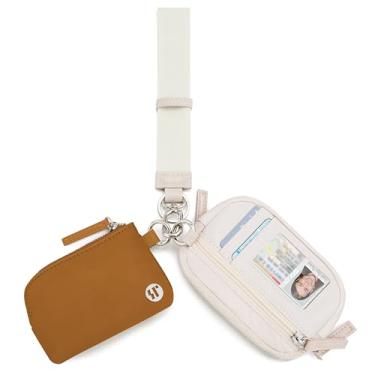 Imagem de Sunpour Carteira feminina de náilon, porta-chaves de bolsa dupla com janela para identidade, bolsa de moedas e alça de pulso para viagens, Bege e marrom, Small, Carteira de pulso com bolsa dupla