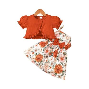 Imagem de Vestido Infantil Verão - 2 Peças com Saia, Mangas Bolha e Xale (1-6 an