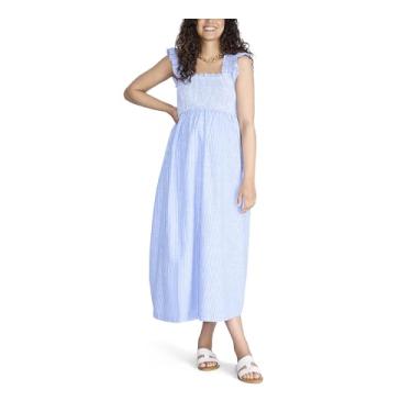 Imagem de Motherhood Maternity Vestido feminino sem mangas com babados e ombros franzidos para gravidez, Listra azul/branca, G