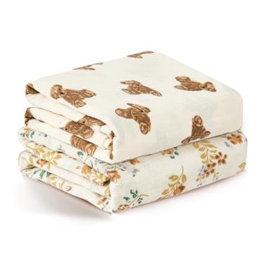 Imagem de insular Cobertores de musselina para meninos e meninas, pacote com 2 cobertores grandes para bebês 119 x 119 cm, envoltório macio e respirável para recém-nascido, ursinho de pelúcia e floral