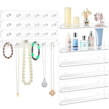 Imagem de Chunful 4 peças de suporte de colar e 6 peças de prateleiras flutuantes de acrílico para montagem na parede, organizador de colar, ganchos de joias, borda para exibição de joias, ideal para banheiro
