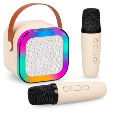 Imagem de Caixa de Som Karaokê Com Dois Microfones Sem Fio RGB Portátil USB Com Conexão Bluetooth Efeitos de Voz Divertidos | Iluminação LED Multicolor Som Potente | Diversão Crianças Adultos Sem Fio Auto Tune