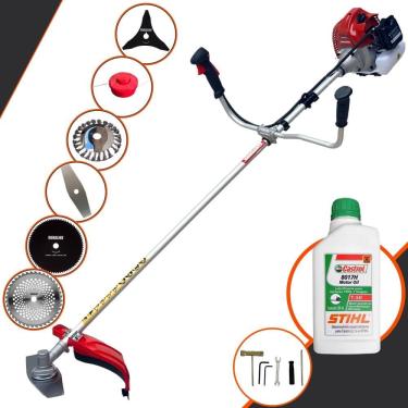 Imagem de Cortador de Grama À Gasolina Kawashima BCJ620L 62cc 3HP 10.000rpm Roçadeira Lateral 6 Em 1 Com Carretel + Kit 4 Facas + Escova de Aço + ÓLEO STIHL 2T