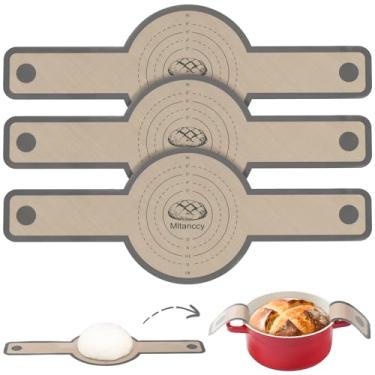 Imagem de 3 peças de silicone para forros de forno holandês, tapete de silicone antiaderente e fácil de limpar com alças extralongas, tapetes redondos reutilizáveis de silicone para transferir pão de fermento