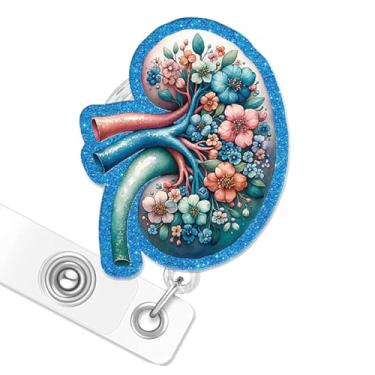 Imagem de Carretel de crachá de rim floral, carretéis de crachá de urologia retrátil com glitter com clipe jacaré para nefrologista urologista RN LPN CNA MA estudante de enfermagem urologia médico de nefrologia