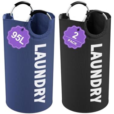 Imagem de IHOMAGIC 2 peças de cesto de roupa suja dobrável de 95L, cesto de roupa suja com alças, cesto de roupa suja em tecido Oxford 600D, cestos de roupas independentes para quarto, banheiro, hotel, azul