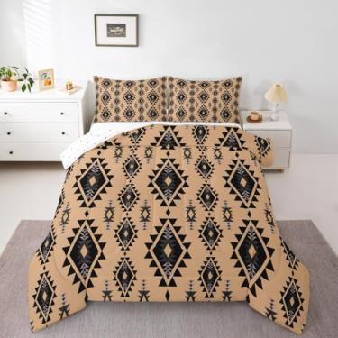 Imagem de jejeloiu Conjunto de edredom asteca, tamanho casal, boêmio, para crianças, meninos, meninas, edredom geométrico, microfibra, 3 peças com 2 fronhas
