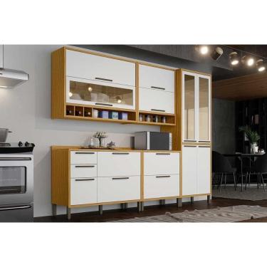 Imagem de Kit Cozinha Modulada 5 Peças Syrah (2Aéreos+2Balcões+1Paneleiro) C5P145 Amendoa/Branco - Ronipa