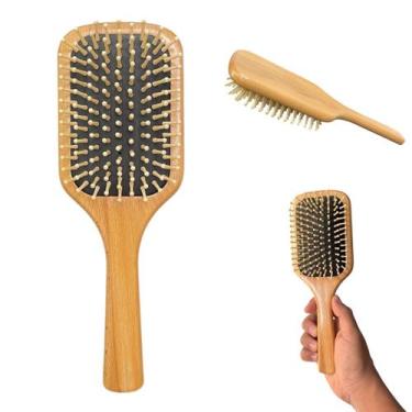Imagem de Escova De Cabelo Raquete Madeira Almofadada Desembaraçar - Mofashi
