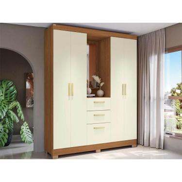 Imagem de Guarda Roupa Casal 5 Portas E 2 Gavetas C/ 1 Espelho E Pés Cb01r591 Canela/off White - Kappesberg