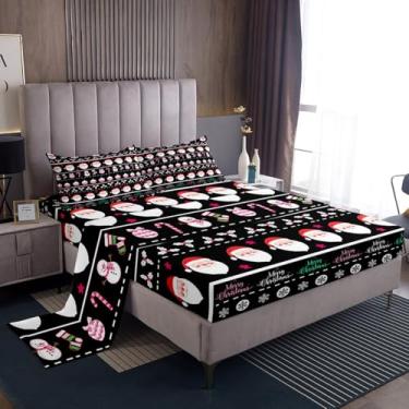 Imagem de Feelyou Jogo de lençol solteiro decorativo Feliz Natal, Papai Noel, boneco de neve, com bolsos profundos, inverno, ano novo, presente para crianças, meninos, meninas, 1 fronha