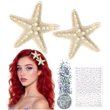 Imagem de WOVOWOVO Acessórios de cabelo femininos para fantasia de sereia: grampos de cabelo de estrela do mar para meninas com adesivos de pérola e glitter corporal, combinando com vestido de saia de sereia 4