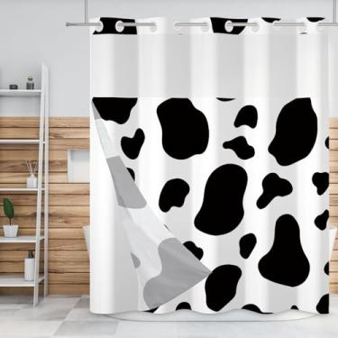 Imagem de Baocicco Cortina de chuveiro com estampa de vaca sem gancho com forro de tecido de encaixe para banheiro preto e branco pele de animal de vaca estilo fazenda estilo hotel camada dupla com tela