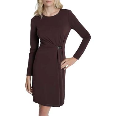 Imagem de DKNY Vestido midi feminino, manga comprida, gola joia, comprimento até o joelho, logotipo D Hardware, Ameixa de chocolate, 42