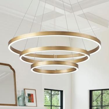 Imagem de CaraLuxe Lustre de LED com 3 anéis, dourado, regulável, moderno, com controle remoto, vintage, bronze, LED, círculo, candelabro para sala de jantar, entrada, quarto, sala de estar, 75 W
