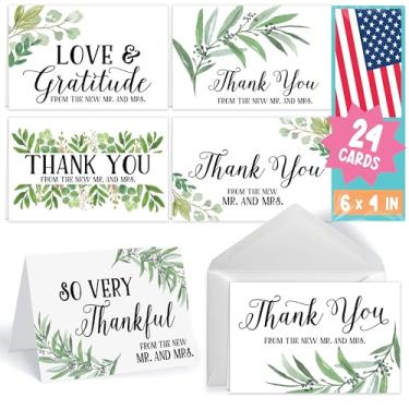 Imagem de 24 cartões de agradecimento de casamento folhagem verde com envelopes, elegante chá de panela nota de agradecimento do novo Mr. & Mrs. Newlywed Boho Garden Gratitude, artigos de papelaria em massa personalizados 4x6