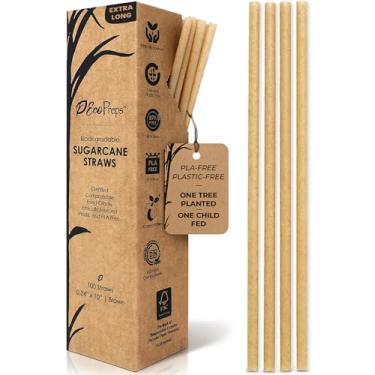 Imagem de EcoPreps Canudos de cana biodegradáveis de 25 cm, canudos extralongos | 100 unidades, 100% compostáveis, canudos ecológicos | Canudos descartáveis de fibra de açúcar sem plástico | Canudos de smoothie