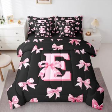 Imagem de Erosebridal Conjunto de cama Queen, com laço rosa, 7 peças, personalizado, letra E, cama em uma bolsa, fofo, com laço e laço para meninas, crianças, adolescentes, estilo princesa, rosa, monograma
