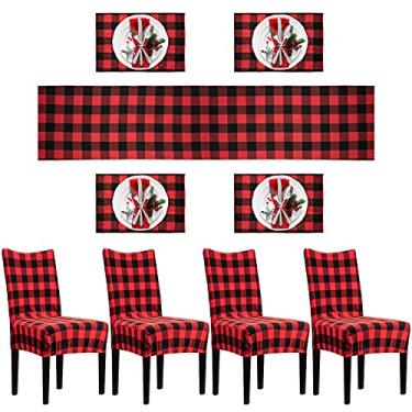 Imagem de Conjunto de 9 peças de decoração de mesa de Natal, incluindo 1 passador de mesa, 4 capas de cadeira xadrez vermelha e preta e 4 guardanapos de jantar para decoração de mesa de hotel, cozinha, casa, restaurante, decoração de mesa