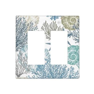 Imagem de LWDZLHD Capa de interruptor de luz náutica praia costeira oceano azul petróleo decorativa estrela do mar coral 2 gangues duplo balancim placa de parede placa elétrica para cozinha banheiro quarto 11,7