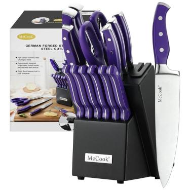 Imagem de Conjunto de Facas em Aço Inoxidável com Afiador Embutido e Bloco de Bancada 14 Peças, Roxo, MCCOOK, Violeta