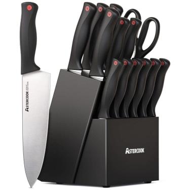 Imagem de Conjunto de Facas em Aço Inoxidável com Afiador Embutido e Bloco de Bancada 14 Peças, ASTERCOOK K15016P, Preto