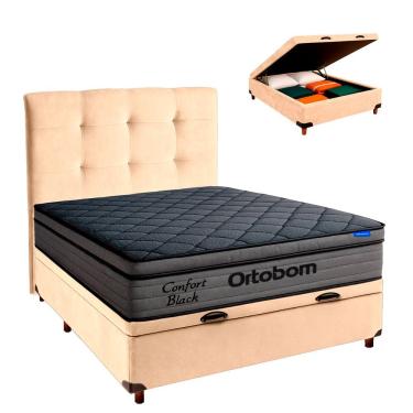 Imagem de Baú Perola + Cabeceira + Colchão Casal Confort Black Ortobom