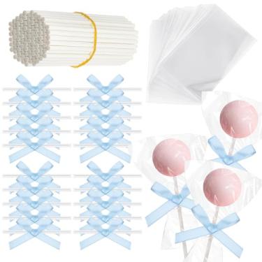Imagem de Honoson Kit de palitos e envoltórios de bolo, incluindo sacos transparentes para bolos, palitos de pirulito de papel de 15 cm, laços para cakepop, doces, chocolate, decorações de casamento (azul, 50