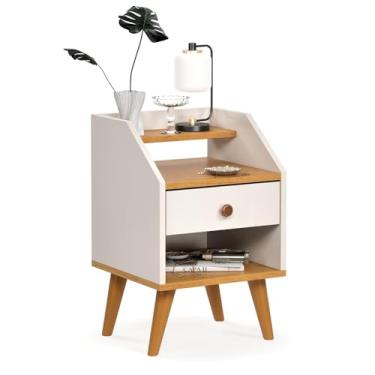 Imagem de Mesa De Cabeceira Para Quarto Pés Retro Criado 1 Gaveta Cores(OFF WHITE/FREIJO)