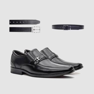 Imagem de Kit Sapato Masculino de Couro Preto Liso Fivela Com Cinto Sofisticação