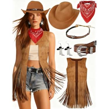 Imagem de Roupas de faroeste para mulheres, fantasia de vaqueira, colete de franja, sem mangas, com chapéu de cowboy, brinco, bandana, cintos, acessórios