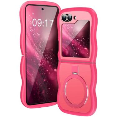 Imagem de [Suporte magnético e moldura ondulada] Capa para Samsung Galaxy Z Flip 6/5 [Apto para Mag Safe] [Proteção contra quedas militar] Capa de anel de telefone translúcida não amarelada Z Flip 6/5 para