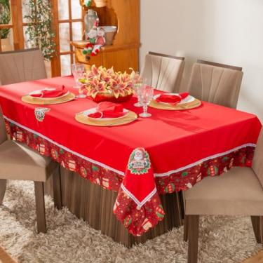 Imagem de Toalha de Mesa Retangular para 8 Lugares Avulsa Bordada Natalina 2,50m x 1,50m - Decoração Natal Festas Fim de Ano (Papai Noel Vermelho)