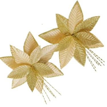 Imagem de 2 Flores Artificiais Douradas 30cm com Haste para decoração Natalina, Árvore de Natal, Mesa e Guirlanda | Enfeite Natalino Sofisticado com Brilho e Textura Realista para Festas de Final de Ano